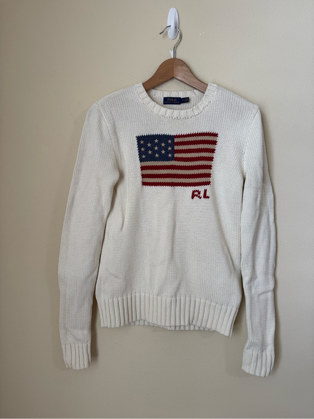 Polo Ralph Lauren American Flag Sweater USA Knit Crewneck Cream Size Medium